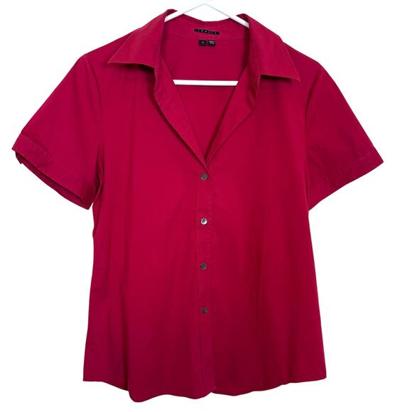 Theory Button Front Stretch Poplin Short Sleeve Blouse Red Collared Shirt Large - Picture 1 of 6